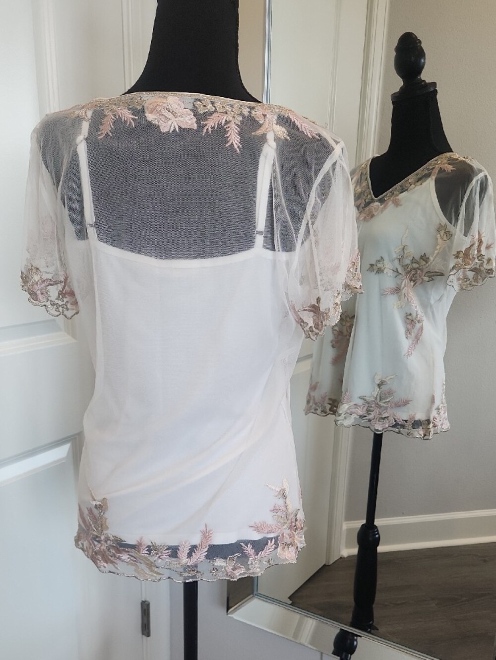 White House Black Market Ivory Sheer Blouse with Blush and Gold Embroidery - Picture 2 of 8